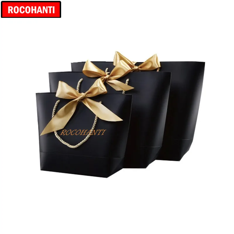 50X Custom Printed Your Own Logo Thick 250grams Black Cardboard Paper Clothing Gift Shopping Paper Bag With Gold Ribbon Handles