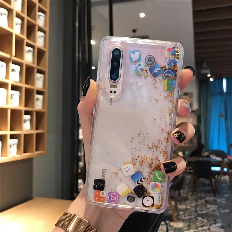 Чехол Quicksand с милым приложением значок Coque для huawei P20 P30 Pro Lite Nova 3 4 5 Honor V20 жидкий Жесткий ПК прозрачный чехол для телефона