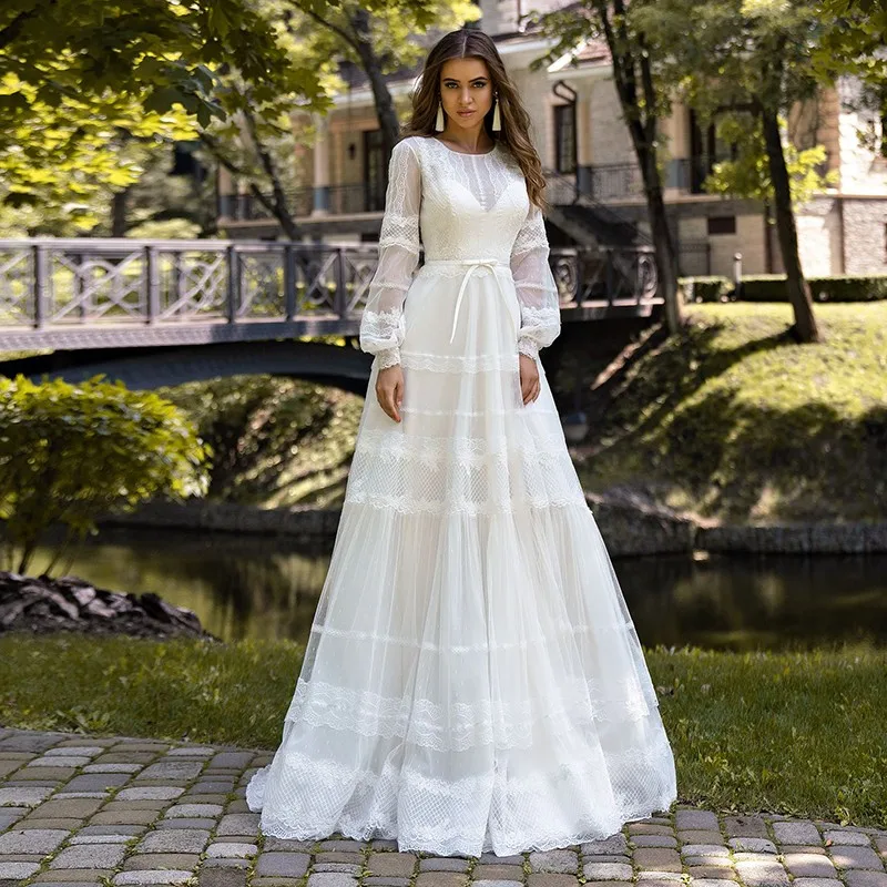 Eightale Bohemian Trouwjurk O-hals Lange Mouwen Arabische Bruidsjurken Moslim Dubai Boho Bruid Jurk Vestido Noiva 2020 Eightale Bohemian Trouwjurk O-hals Lange Mouwen Arabische Bruidsjurken Moslim Dubai Boho Bruid Jurk Vestido Noiva 2020