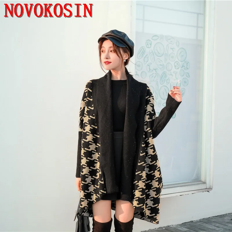 Female Houndstooth Knitted Scarf Winter White With Black Sequin Poncho Women Long Sleeves England Coat Air Conditioner Cape houndstooth men suits white