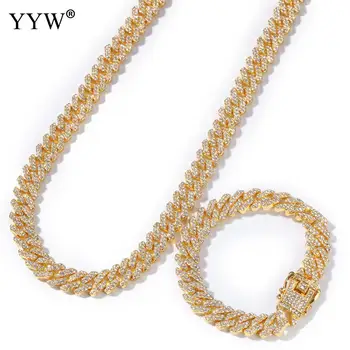 

12mm Necklace Chain Hip Hop Jewelry Choker Gold Color Rhinestone Cz Clasp For Mens Rapper Necklaces Link 7/8/16/18/20/22/24 inch