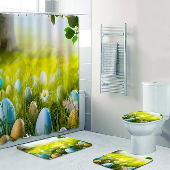 

3D Digital Easter Colorful Balls Print Shower Curtain or Bathroom Base Mat Toilet Mat Easter Rug