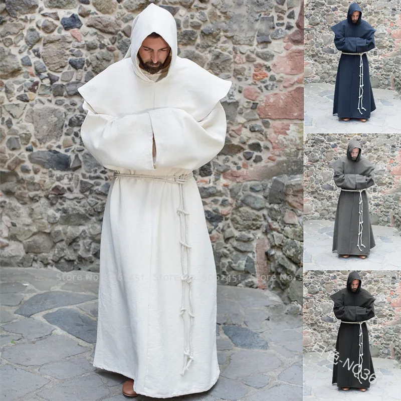 Goedkoop Halloween Middeleeuwse Friar Priester Retro Hooded Mantel Monnik Sorcerer Wizard Losse Gewaad Gown Wizard Cowl Gebed Party Cosplay Kostuum