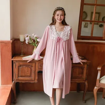 

Fashion Thick Warm Velvet Women's Sexy Robe Sets Vintage Princess White Lace Sleepwear Suits Autumn Winter Homewear