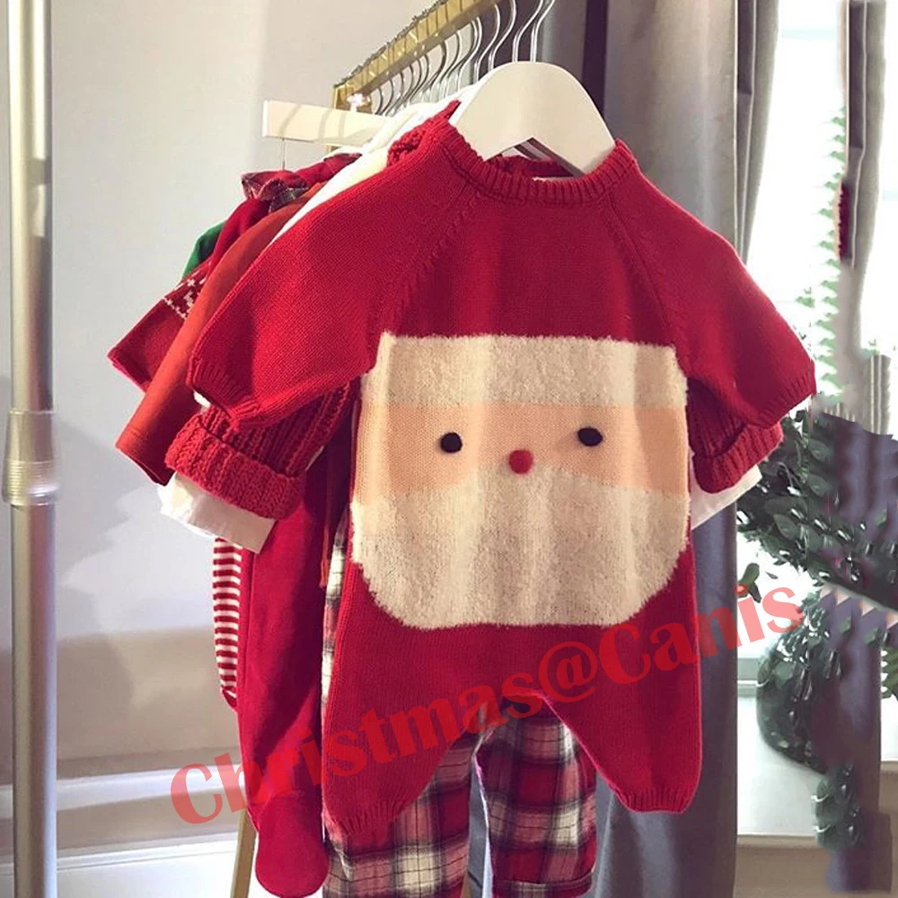 Коллекция года, весенне-осенняя одежда для малышей, для маленьких мальчиков и девочек, Рождественский вязаный шерстяной комбинезон, комбинезон, одежда с нашивками Санта-Клауса