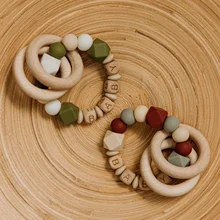 

Customized Baby Name Teether Bracelet Ring Cute Beech Wooden Pendant Baby Boy Girl Teething Rattle Shower Gift