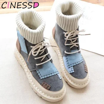 

Big Size 43 Fashion Autumn and Winter Women High Top Boots Plus Velvet Warm Casual Sneakers Round Toe Lace-Up Student Flat Boots