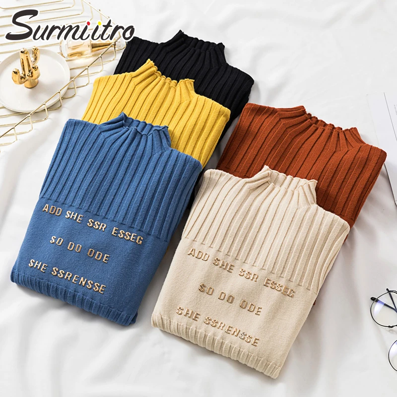 

Surmiitro Knitted Women Half Turtleneck For 2019 Autumn Winter Long Sleeve Striped Sweater Female Jumper Tricot Ladies Pullover