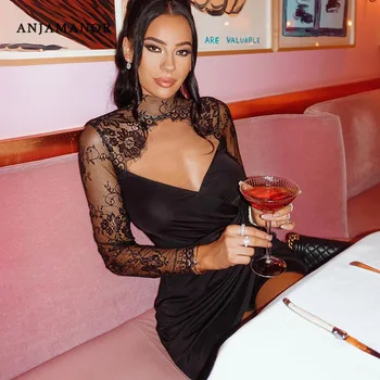 

ANJAMANOR Black See Through Lace V Neck Long Sleeve Bodycon Mini Dress Sexy Club Wear 2020 New Ladies Party Dresses D66-AB36
