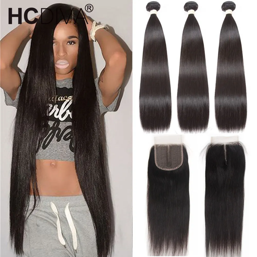 Feixes de Cabelo Humano em Linha Reta com Fechamento Pacotes com Fechamento do Laço Humano com 4x4 Polegada Brasileiro Remy 40 4 6 Pacotes com 3/4 com fecho