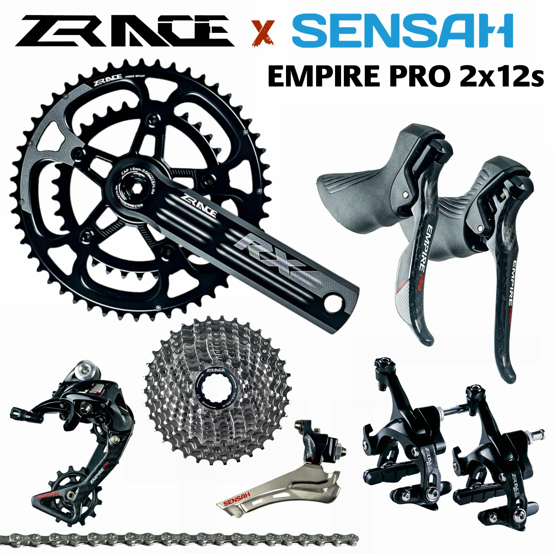 

SENSAH EMPIRE PRO 2x12 Speed, 24s Road Groupset, R/L Shifter + R/F Derailleurs + ZRACE RX Crank / Brake / Cassette, carbon fiber