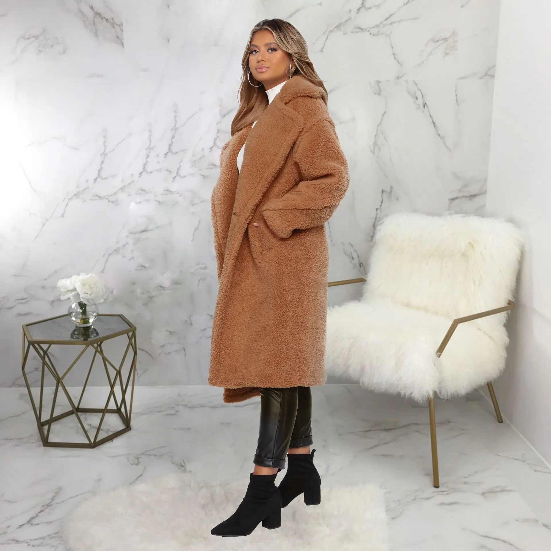 Зимнее длинное плюшевое пальто из искусственного меха большого размера, женское винтажное двубортное пушистое пальто, женская пушистая Флисовая теплая одежда цвета хаки