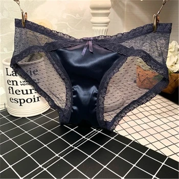 

Sexy Women Underwear High Quality Panties Seamless Satin Silk Female Underpants Solid Lace Mid-Rise Lingerie Ladies Briefs