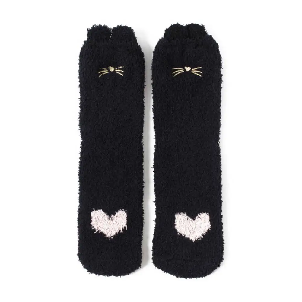 Махровые носки с вышивкой в виде кошачьего хлеба; домашние тапочки с пушистыми ушками; женские носки-тапочки в стиле Харадзюку; зимние Утепленные коралловые бархатные носки для женщин - Цвет: Black
