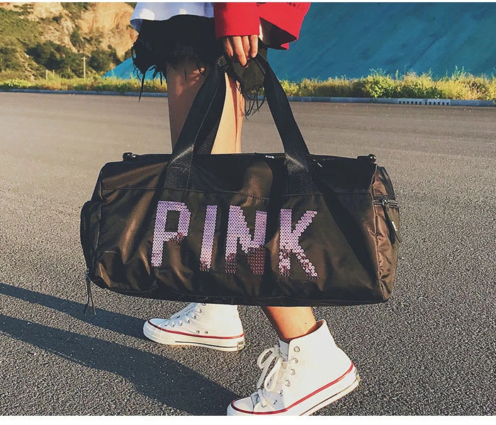 New Travel Bags Sequins PINK Duffle Bag Women Men Sports Bag For Shoes Weekend Bag Nylon Woman Traveling Bags For Ladies