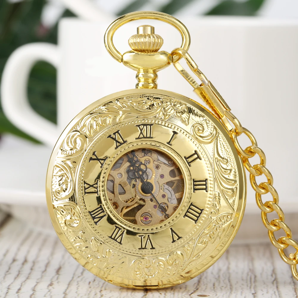 Mechanical Hand Wind Pocket Watch Men Hollow Out Full Gold Color
Pendant Chain FOB Hand Wind Double Hunter Gifts
