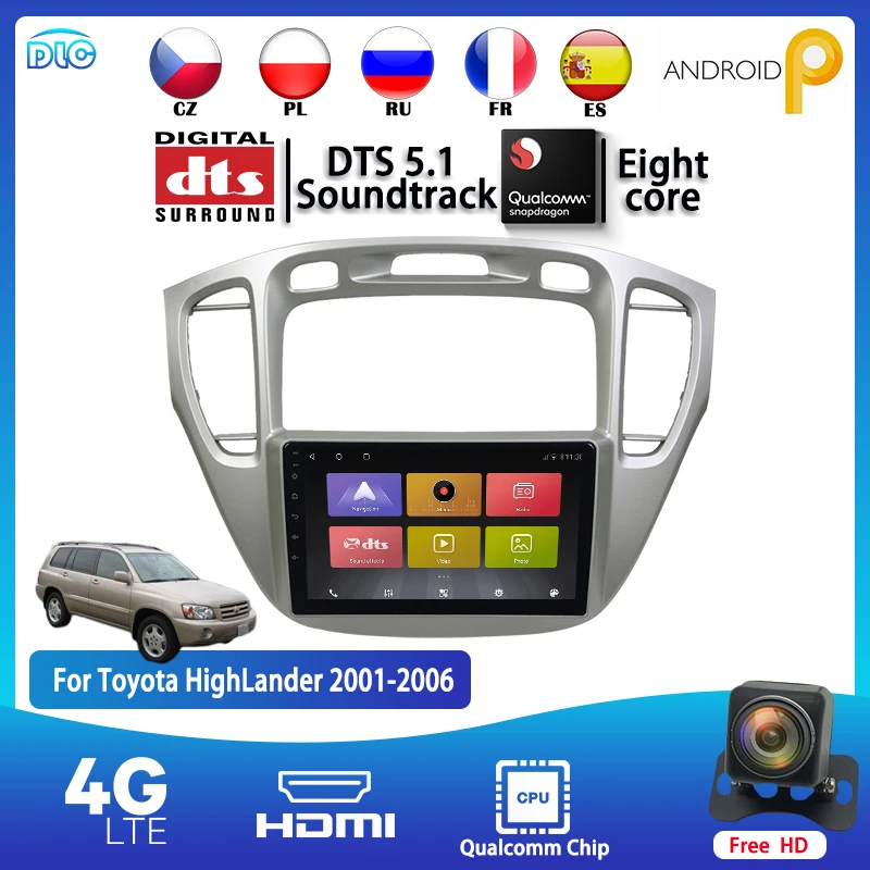 

DLC Qualcomm Chip 1280*720 IPS 10Inch Android 9.0 GPS Stereo DTS BT WIFI+4G For 2001-2006 highlander 4+64G DSP Car PlayerMedia