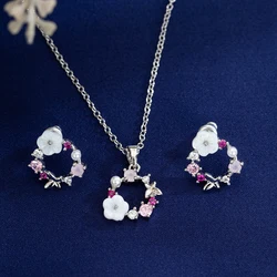Elegant Rose Gold Zircon Floral Bridal Jewelry Set - Necklace, Earrings & Rings Gift (2pcs Silver Color)