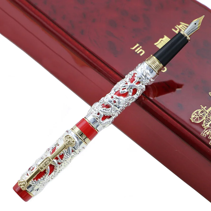 Роскошная металлическая 3D Авторучка Jinhao с изображением дракона Феникса, винтажная перьевая ручка 0,5 мм, перьевые ручки для письма, офисные, деловые принадлежности, подарок - Цвет: Silver red