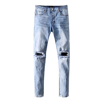 

New tide brand men's hip-hop knee hole jeans men's youth trend stitching trousers zipper slim trousers