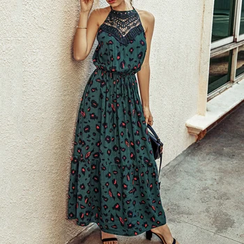 

New Hot Summer Elegant Sexy beach long Dress Women vestidos retro Summer Sexy Lace Cutout Stitching Printed Women's Dress