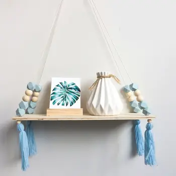 

Pure Color Swing Shelf Wall Shelf Bedroom DIY Original Wood Beads Storage Solid Shelves Home Decor kids Tassel Wall Decoration