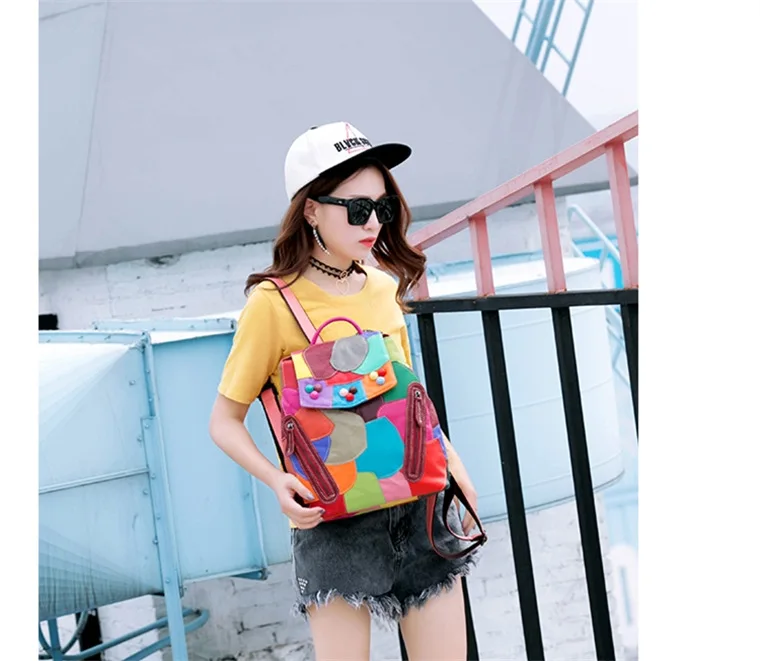 Leather Shoulder Bag Backpack large capacity splicing school bag Sheepskin Single Shoulder Travel Bag