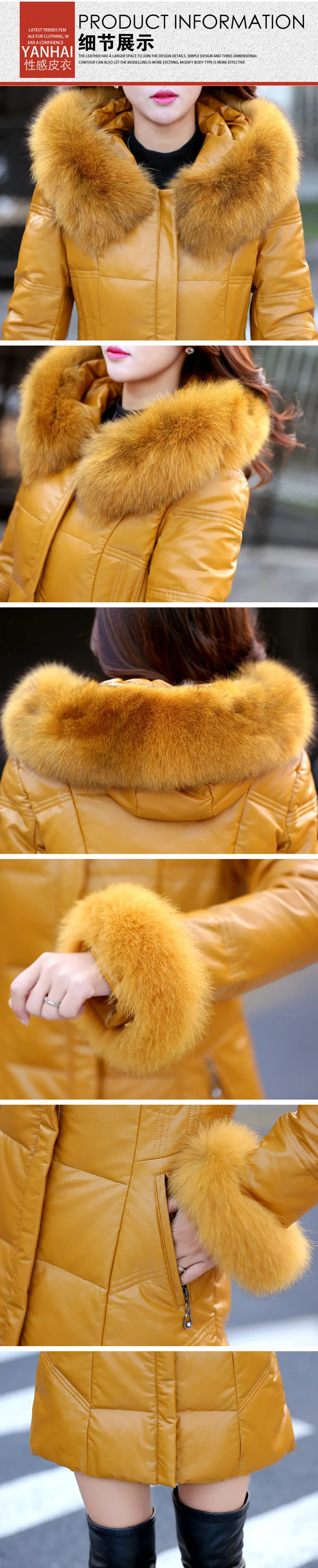 Winter real leather duck down coat female big natural fox fur parkas Пуховик was thin longer thick warm hooded down coat F424