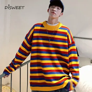 

Winter Korean Multicolor Striped Sweater Men Fashion Pullover Long Sleeve Sweater Man Warm Cashmere Casual Men'S Knit Sweater