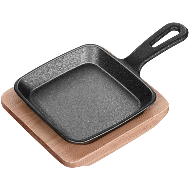 Mini Korean style barbecue cast iron pan non stick household commercial sizzling steak pot BBQ roasting meat wooden tray set