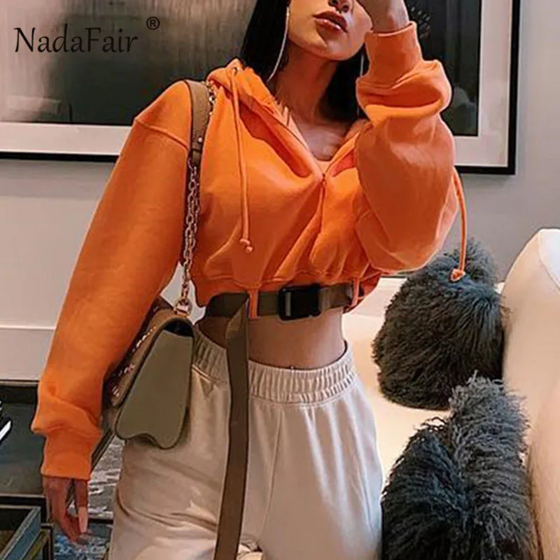  Nadafair Orange Hooded Short Sweatshirt Women Buckle-Wrapped Streetwear Autumn Zipper Loose Crop Ho