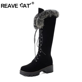 

REAVE CAT Fur Round Toe Faux Leather Square Heel Platform Short Plush Flock Zipper Lace up Snow knee warm Boots Size33-43 Winter