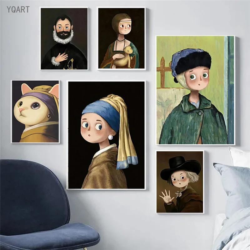 

Funny Art of Cartoon Mona Lisa Posters Canvas Paintings Van Gogh Famous Pictures for Modern Home Living Room Decoration