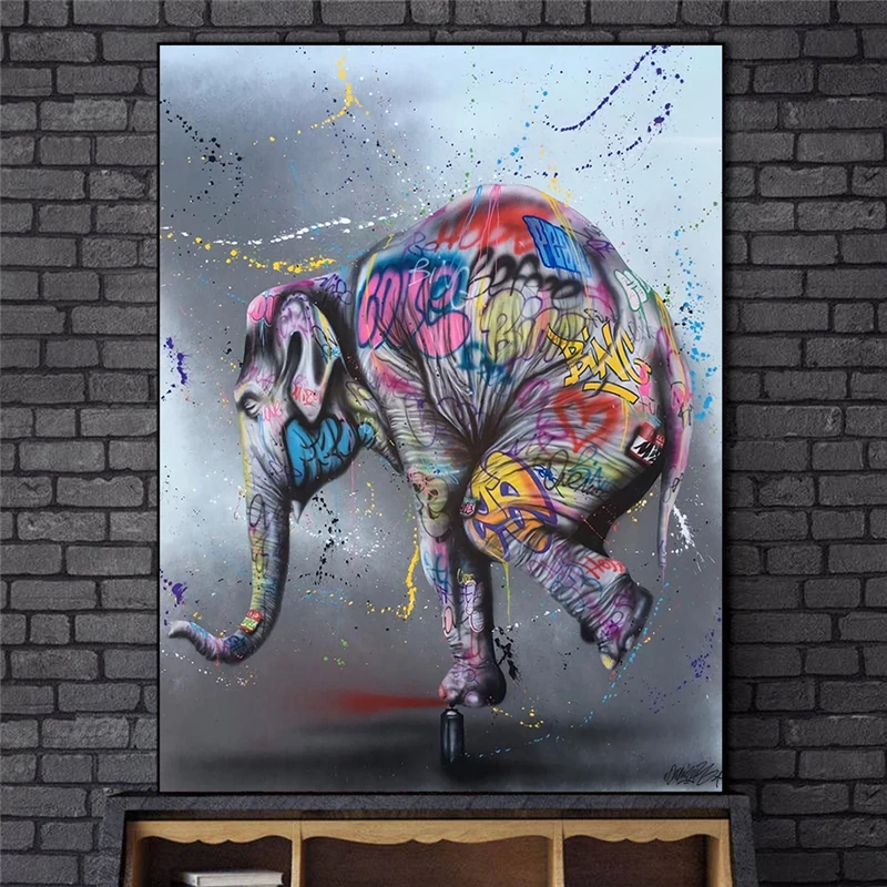 

Jumping Elephant Graffiti Art Paintings on the Wall Art Posters and Prints Street Art Animals Canvas Pictures Home Wall Decor