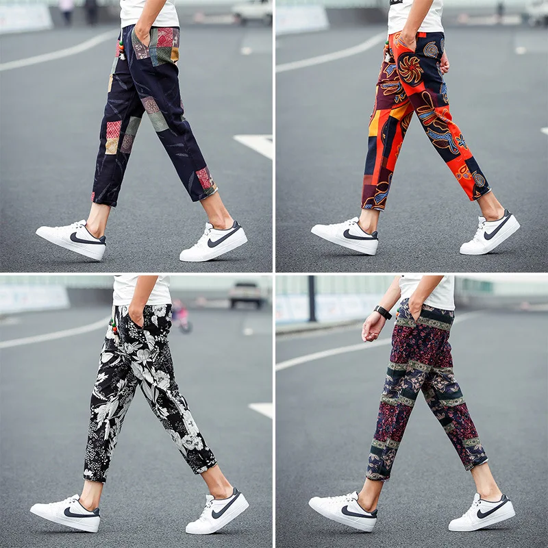

Summer New Products Men's Thin Ethnic-Style Printed Flax Capri Pants Large Size Cotton Linen Casual Pants Fashion Man Harem Pant