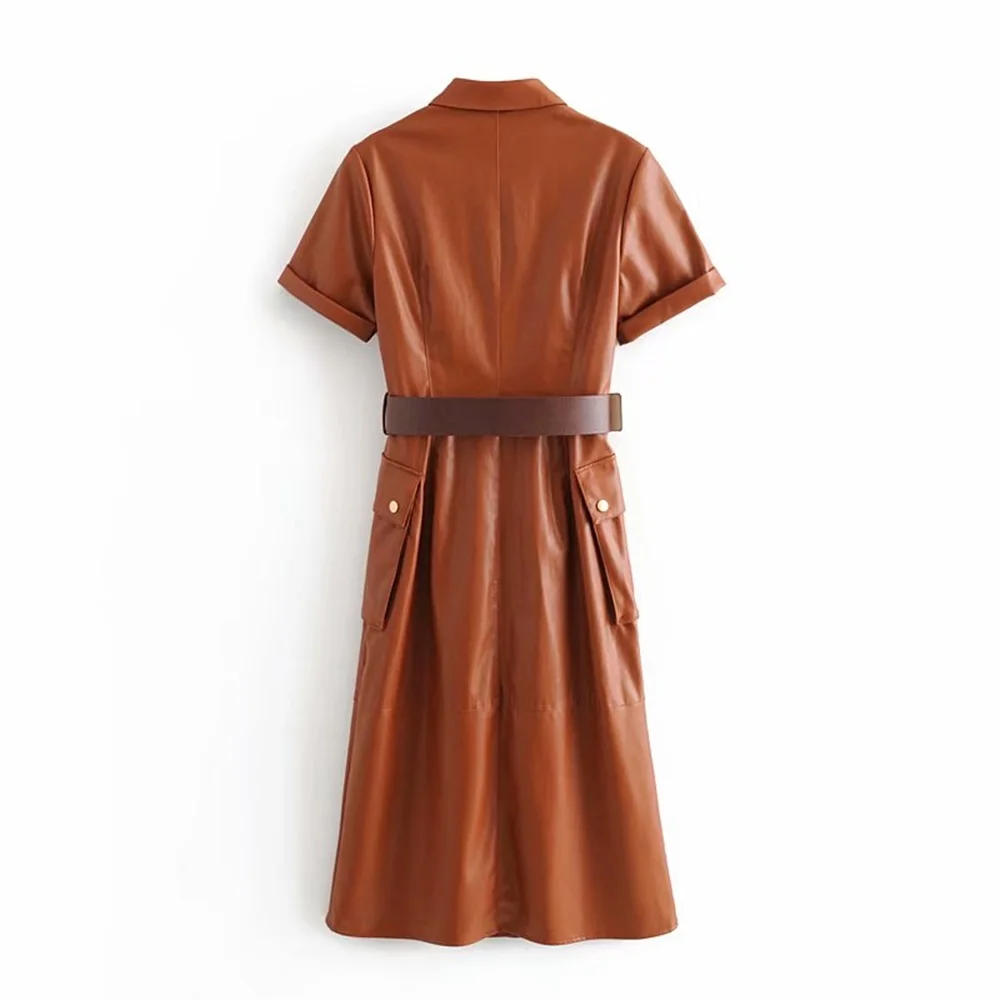 Осень, новое женское платье средней длины из искусственной кожи с коротким рукавом и поясом, 03046277702