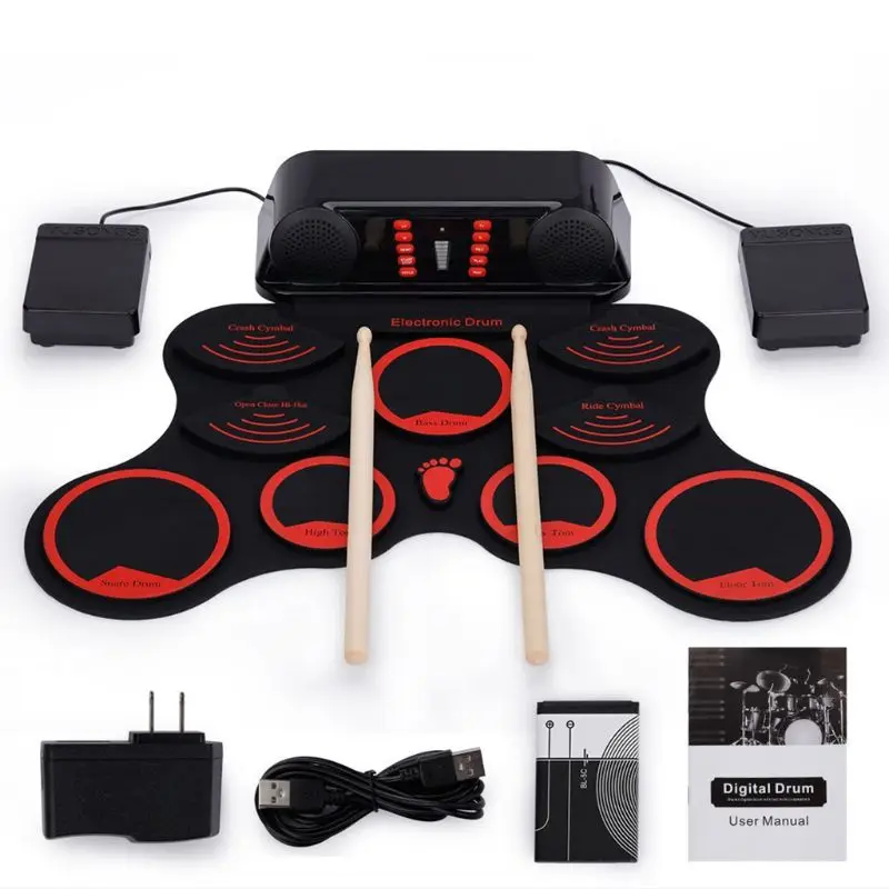 

Portable Electronic Drum Digital USB 9 Pads Hand Roll up Drum Set Silicone Electric Drum Pad Kit With Drumsticks Foot Pedal
