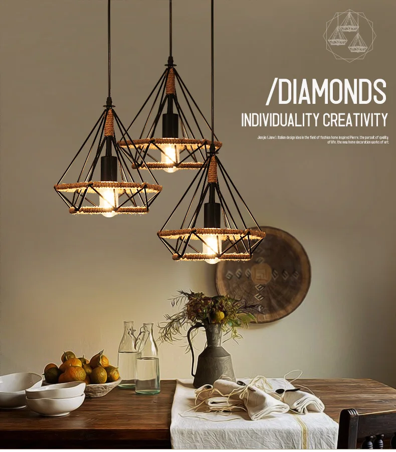 

American-Style Village Iron Art Retro Industrial-Style Hemp Rope Ceiling Lamp Creative Loft Bar Counter Restaurant Diamond Chand
