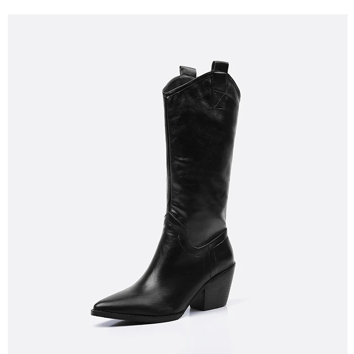 PU black Брендовые дизайнерские женские сапоги до колена из искусственной кожи ковбойские сапоги на танкетке с острым носком женские высокие сапоги на не сужающемся книзу высоком каблуке; Botas Mujer - Цвет: PU black