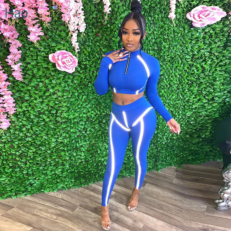 HAOYUAN Reflective 2 Piece Set Long Sleeve Zip Crop Top Fitness Pants