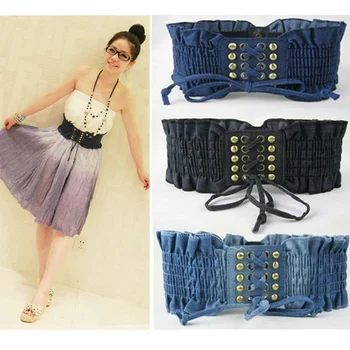 

Women Lady Self Tie Up Denim Ruffle Rivet Corset Stretch Elastic Waistband Belt LLBLT0022