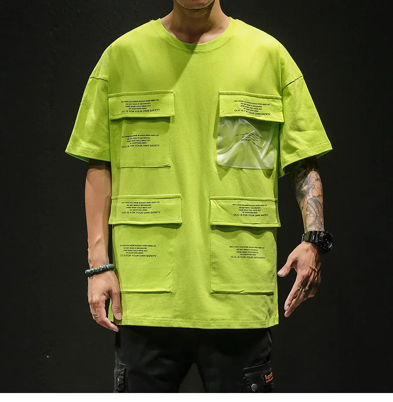 Мужские неоновые футболки с короткими рукавами и карманами в стиле хип-хоп, уличная одежда для мужчин - Цвет: Зеленый
