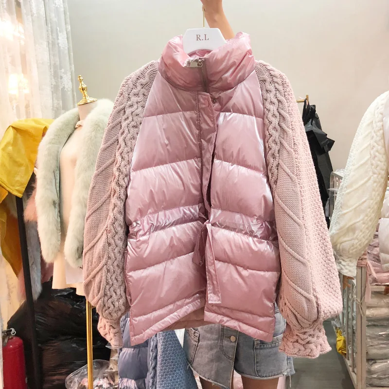 Dongdaemun стиль Шань Стиль Знаменитостей вязаный рукав соединение Талия обнимает похудение пуховик женский короткий рост пальто Fa