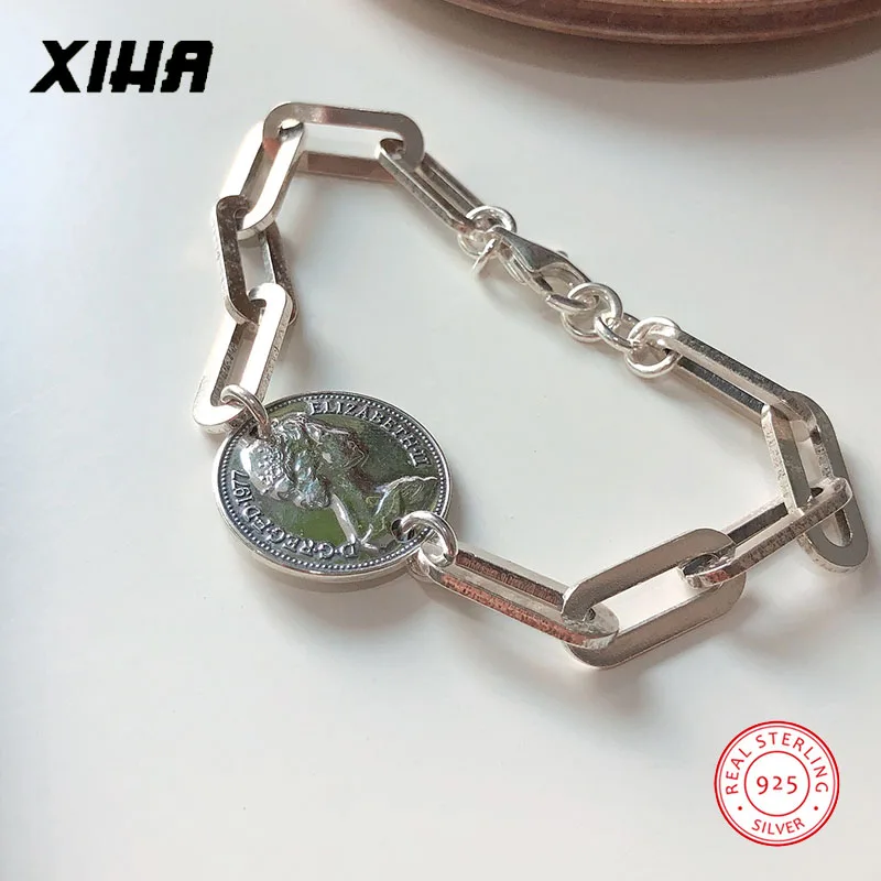 Геометрическая широкая цепочка Elizabeth античная монета браслет для женщин 925 пробы серебро Бохо ювелирные изделия персонализированный браслет с дисками