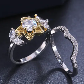 

Huitan Bright-coloured Flower Ring Set Yellow Star Flower Wave Micro Paved Cubic Zirconia Two Rings Series Women Trendy Jewelry