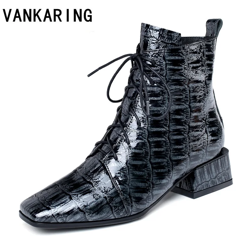 

black embossed stone pattern leather ankle boots for women lace up platform boots autumn winter zipper snow boots high heel shoe