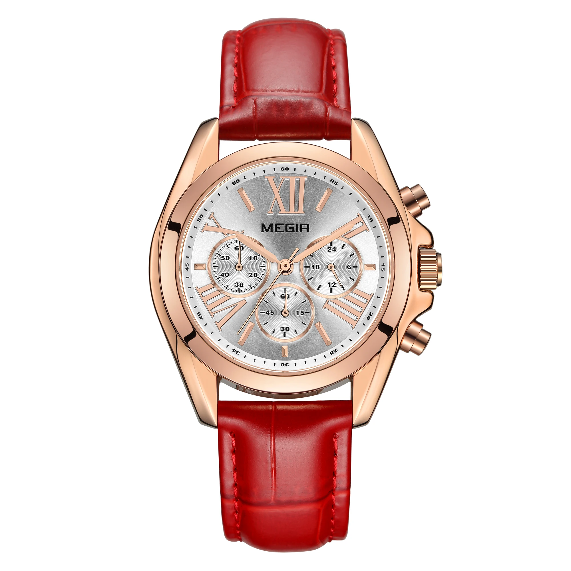 

MEGIR Watch Lady Fashion Stereo Dial Multifunction Calendar Timing Leather Girl Quartz Watch 2114