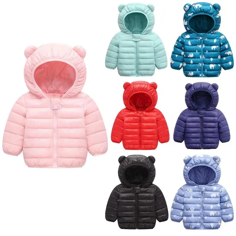 

Cartoon Cute Down Coat Kids Girl Boy Spring Winter Hooded Solid Printing Long Sleeve Warm School Wear Baby Fleece Thicken Tops