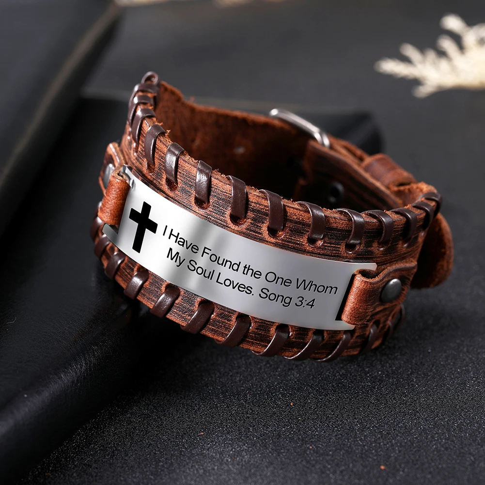 EUEAVAN 5pcs Proverb Positive Black/Brown Leather Bracelet Saying Charm Stainless Steel Jewelry For Men Gift Wholesale