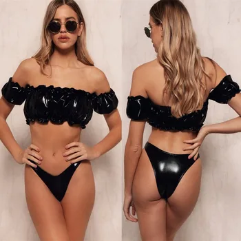 

High cut Brazilian bikini set Pu leather bathing suit Off shoulder swimwear women Ruffle pleated swimsuit female biquini 2020